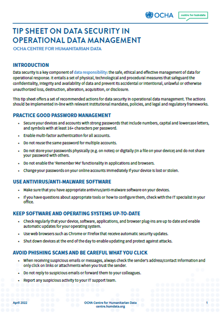 2022 Tip sheet on data security in operational data management OCHA PNG