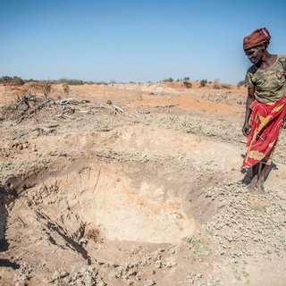 Adelaide Maphangane stands beside an empty water hole in the district of Mabalane, Mozambique.