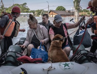 Ukrainian crisis response workers rescue a man, two women and their dog by boat in flood waters.