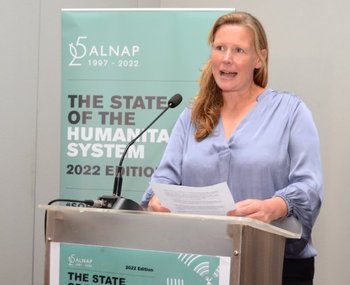 Juliet Parker speaking at the global launch of our State of the Humanitarian System report in Nairobi