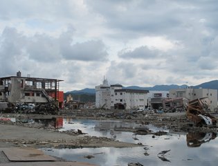 City destruction post earthquake and tsunami in Japan in 2011.