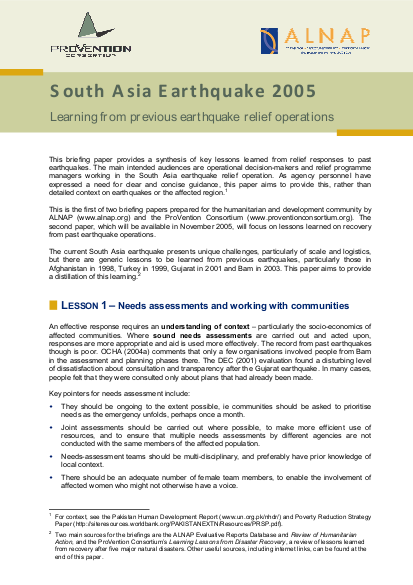 Alnap provention sasia quake lessonsa png