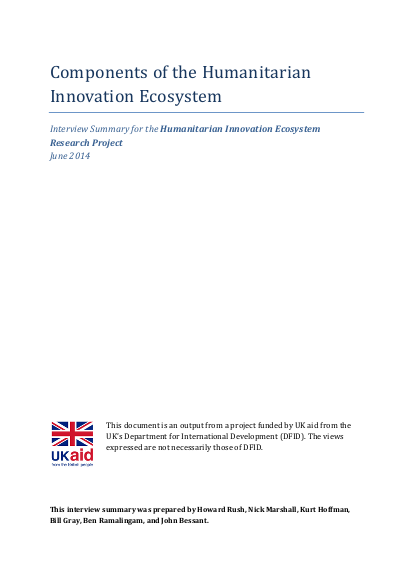 Components of the humanitarian innovation ecosystem interview summary mihis project final png