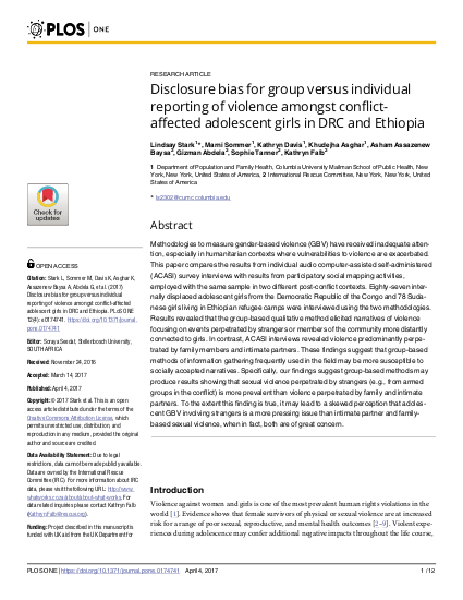 Disclosure bias for group versus individual reporting of violence amongst conflict affected adolescent girls in drc and ethiopia png