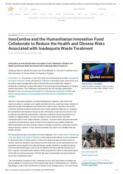 Innocentive and the humanitarian innovation fund collaborate to reduce the health and disease risks associated with inadequate waste treatment reuters png