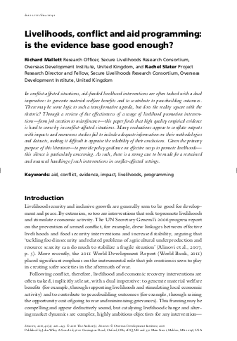 Livelihoods%2C conflict and aid programming mallett et al 2016 disasters png