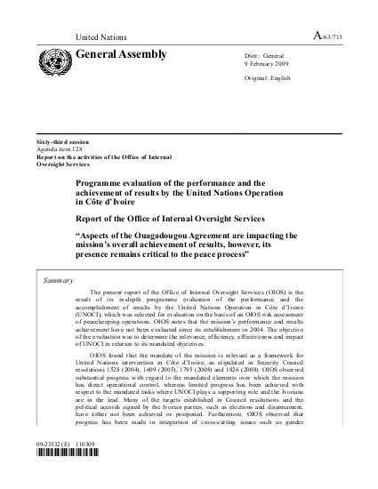 Programme evaluation of the performance and the achievement of results by the un operation in cote d%27ivoire png