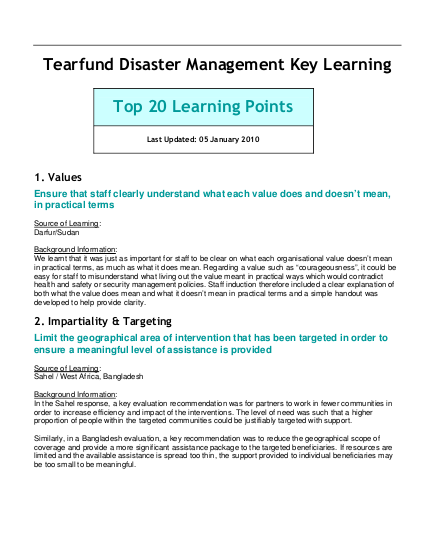 Tearfund disaster management top 20 key learning points png