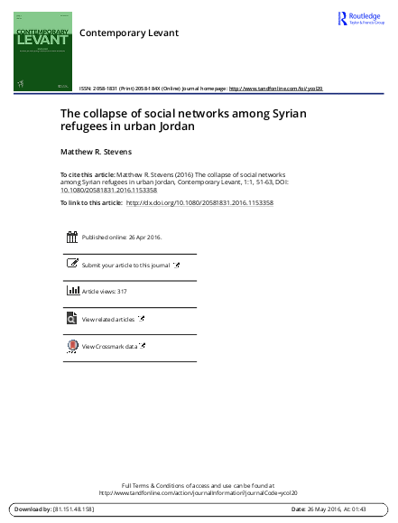 The collapse of social networks among syrian refugees in urban jordan png