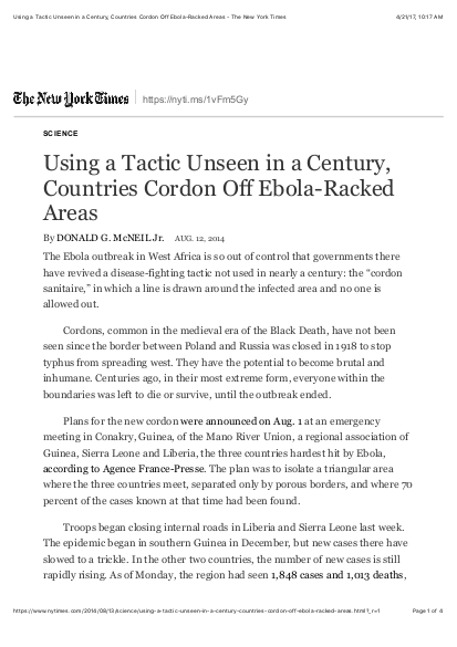 Using a tactic unseen in a century%2C countries cordon off ebola racked areas the new york times png